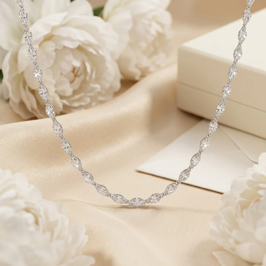 15.00ct Marquise Lab Diamond Tennis Necklace In Gold - D/VS - Image 3