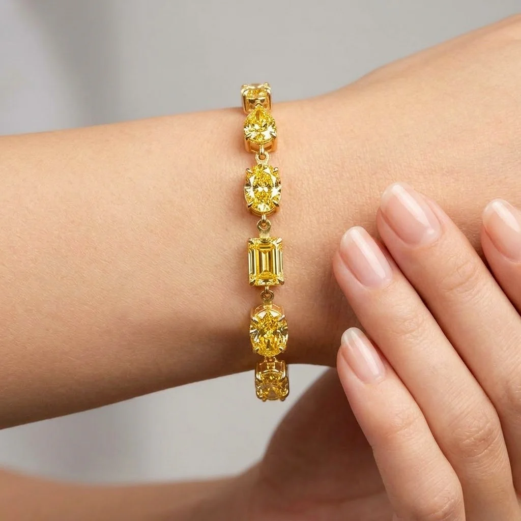 12.50Ct, Multi Shape Fancy Vivid Yellow Diamond Tennis Bracelet In 18K Yellow Gold - 15Grams - Image 4