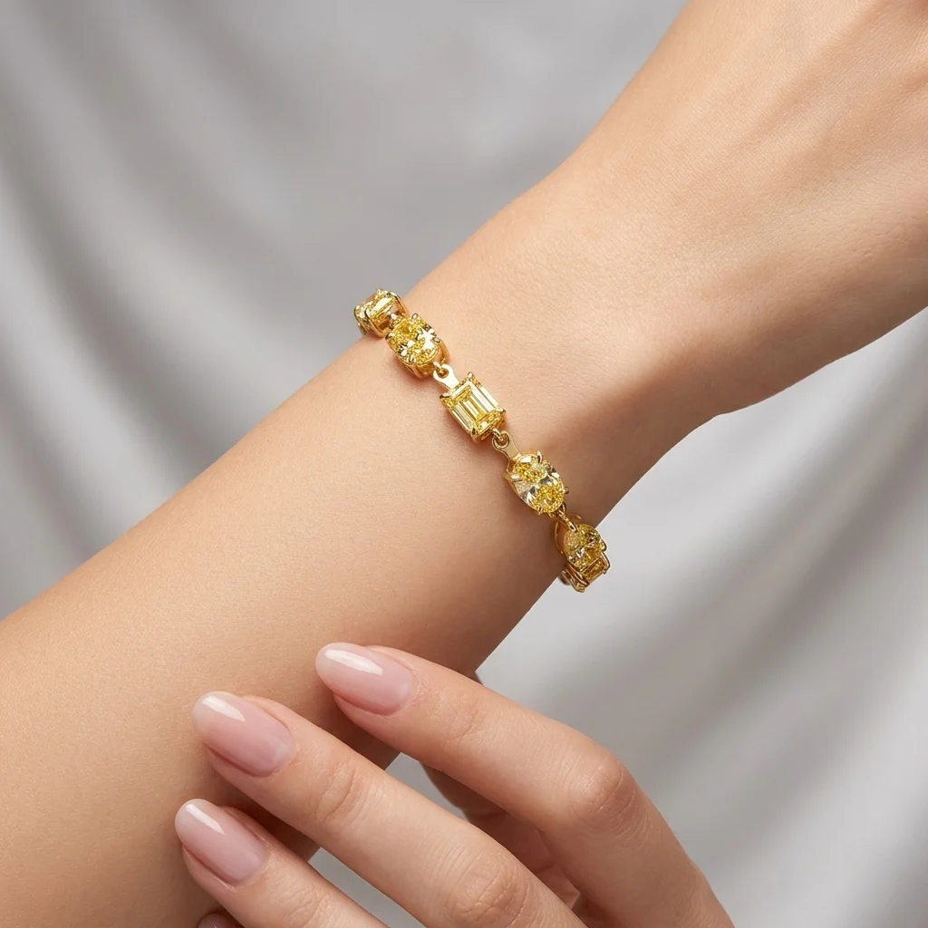 12.50Ct, Multi Shape Fancy Vivid Yellow Diamond Tennis Bracelet In 18K Yellow Gold - 15Grams