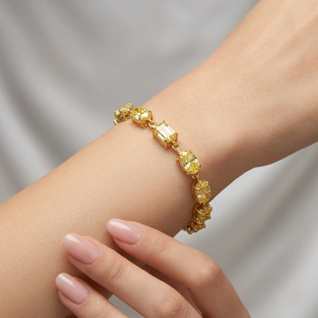 12.50Ct, Multi Shape Fancy Vivid Yellow Diamond Tennis Bracelet In 18K Yellow Gold - 15Grams - Image 2