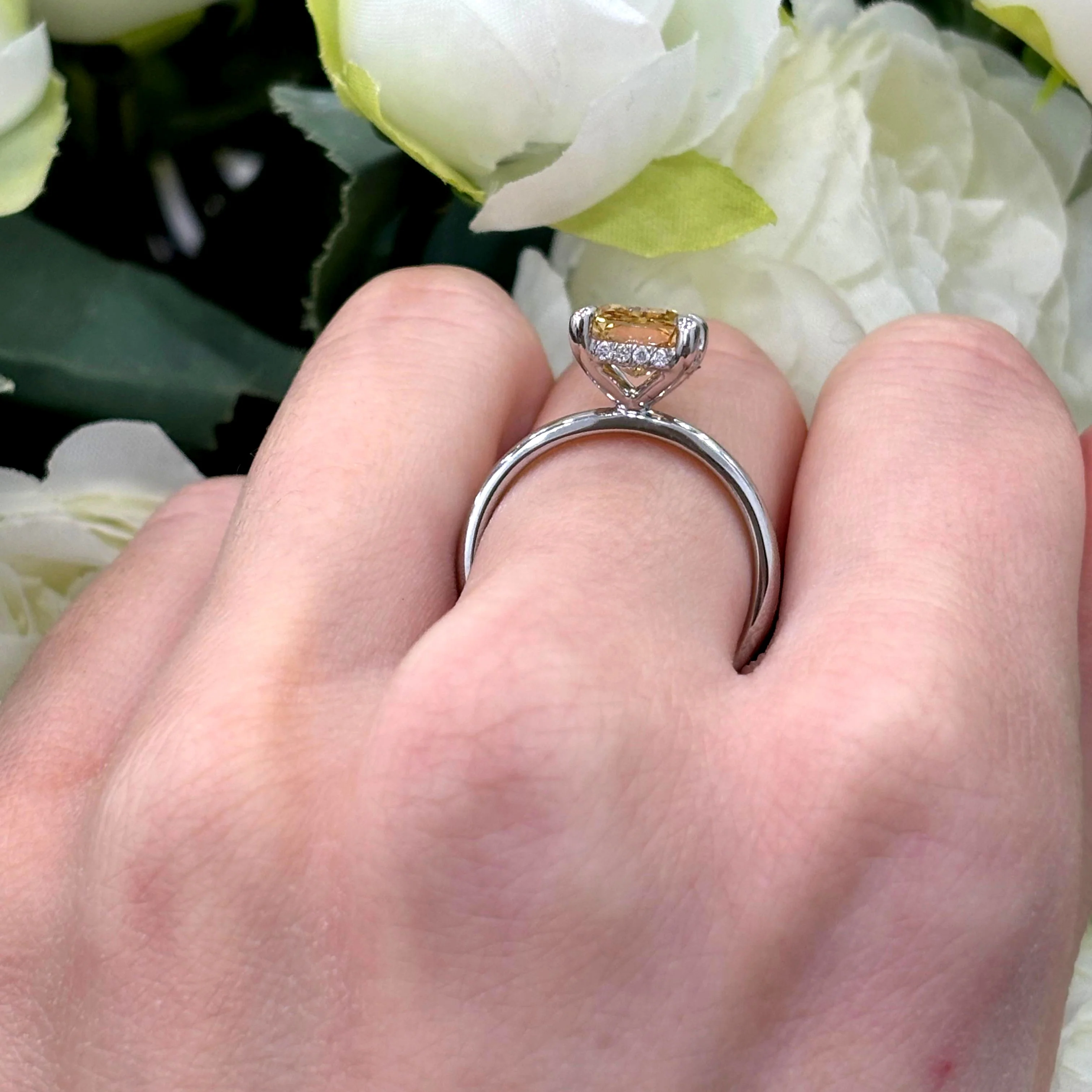 3.35 Carat IGI Lab Fancy Vivid Yellow Radiant Diamond Hidden Halo Engagement Ring In Platinum - Image 2