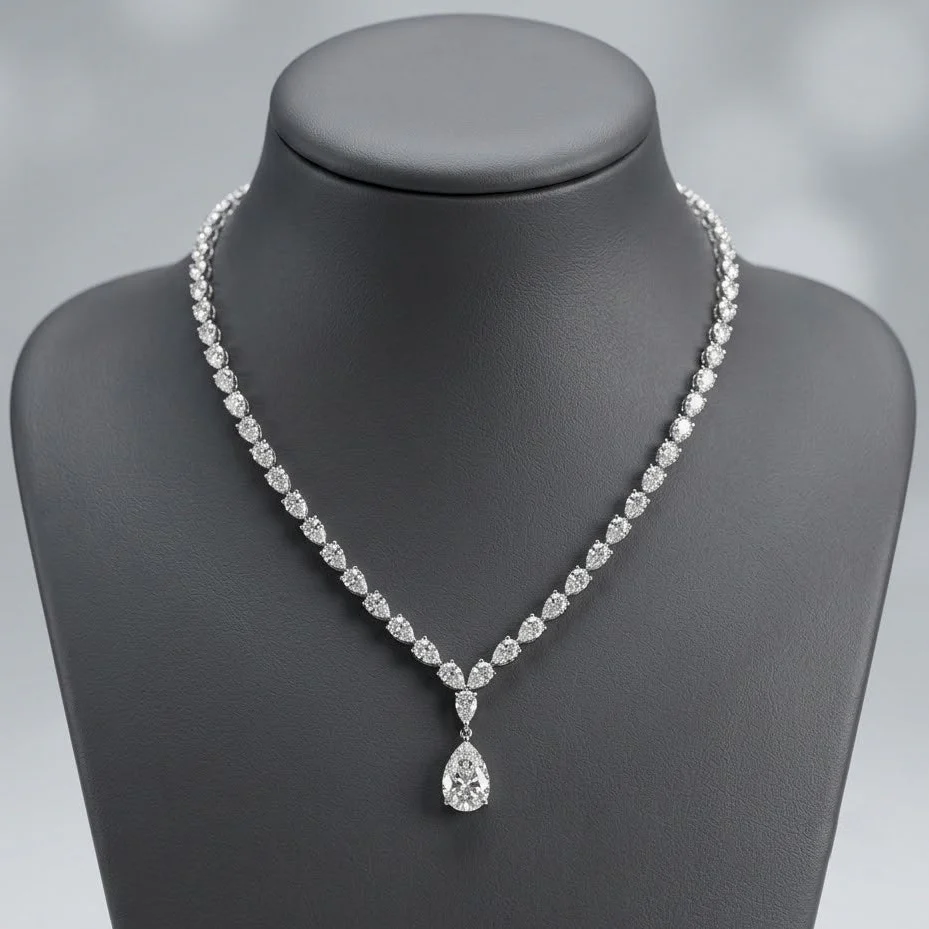 34Ct Pear Diamond Tennis Necklace – 18K White Gold, F/VS