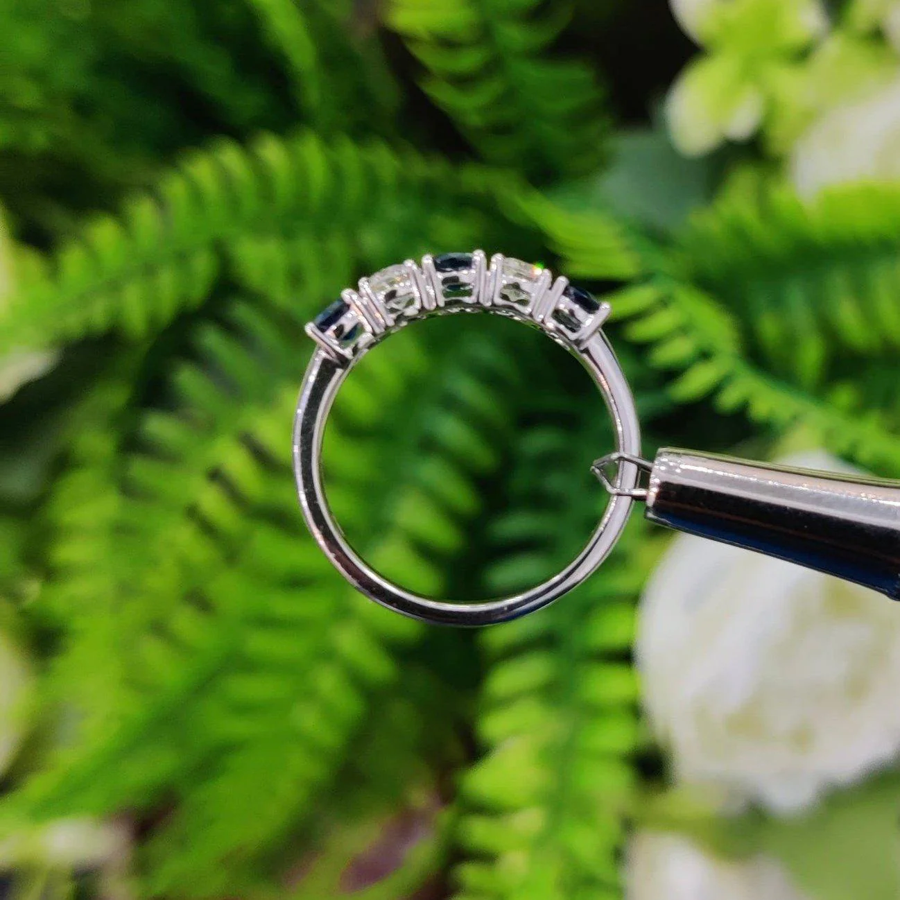 Blue Sapphire & Diamonds Women's 5 Stone Engagement Ring In Platinum - 1.25 Carat - Image 9