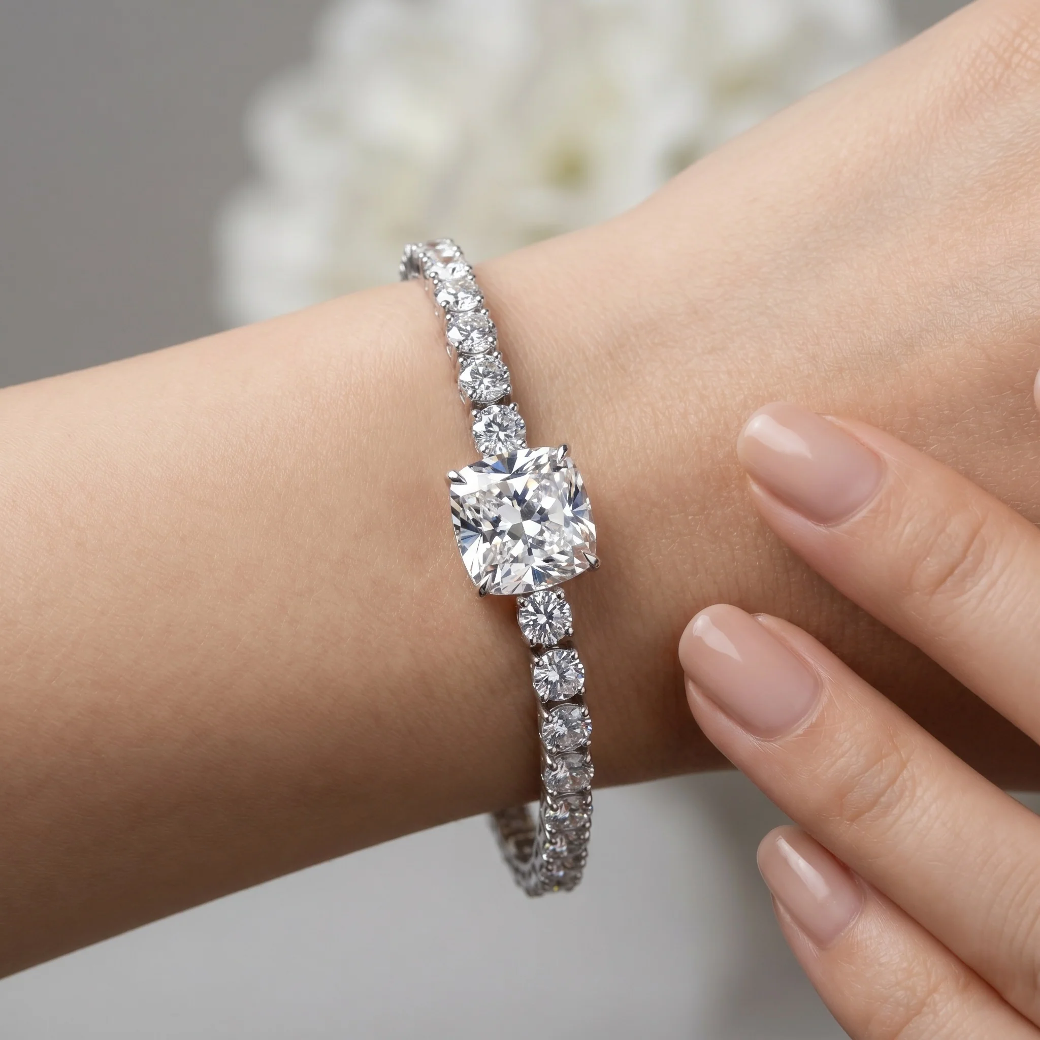 8.00Ct Cushion and Round Lab Diamond Tennis Bracelet In 9k White Gold 7inch - Image 7
