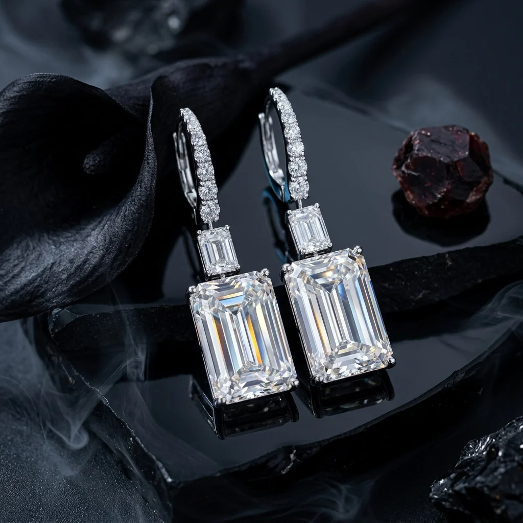 CERTIFIED 25 carat Emerald Diamond Dangle Drop Earring in Platinum - Image 3