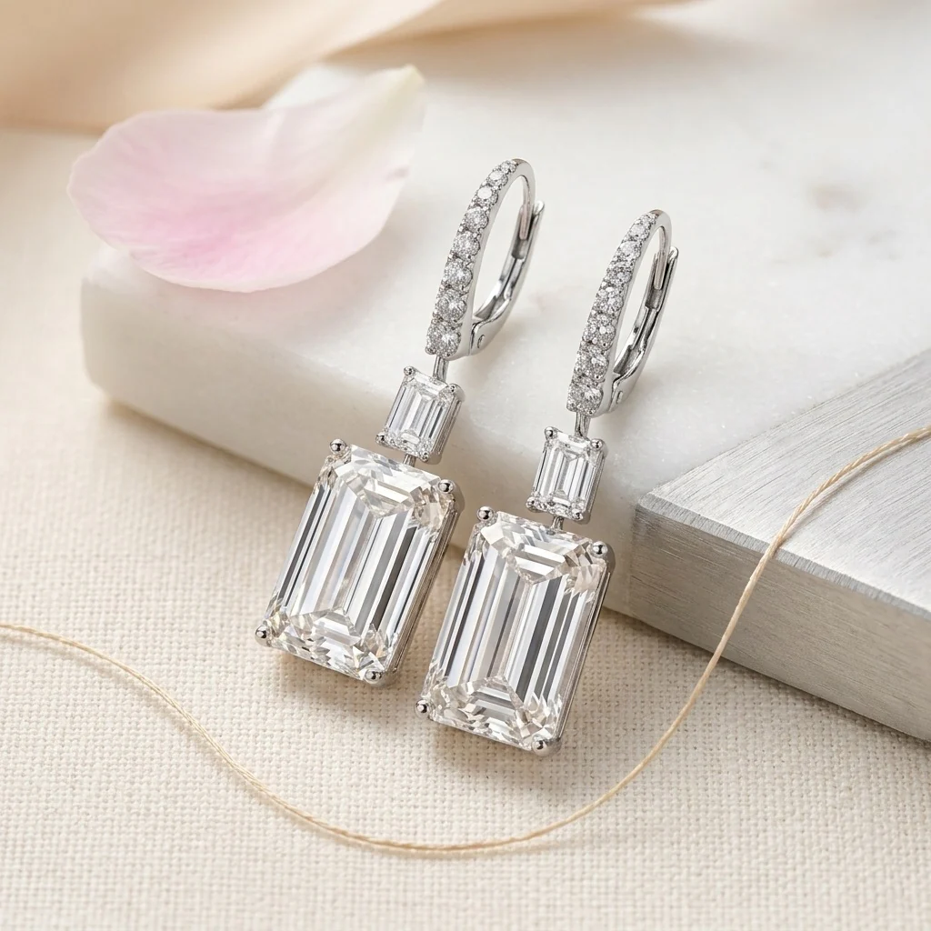 CERTIFIED 25 carat Emerald Diamond Dangle Drop Earring in Platinum - Image 4