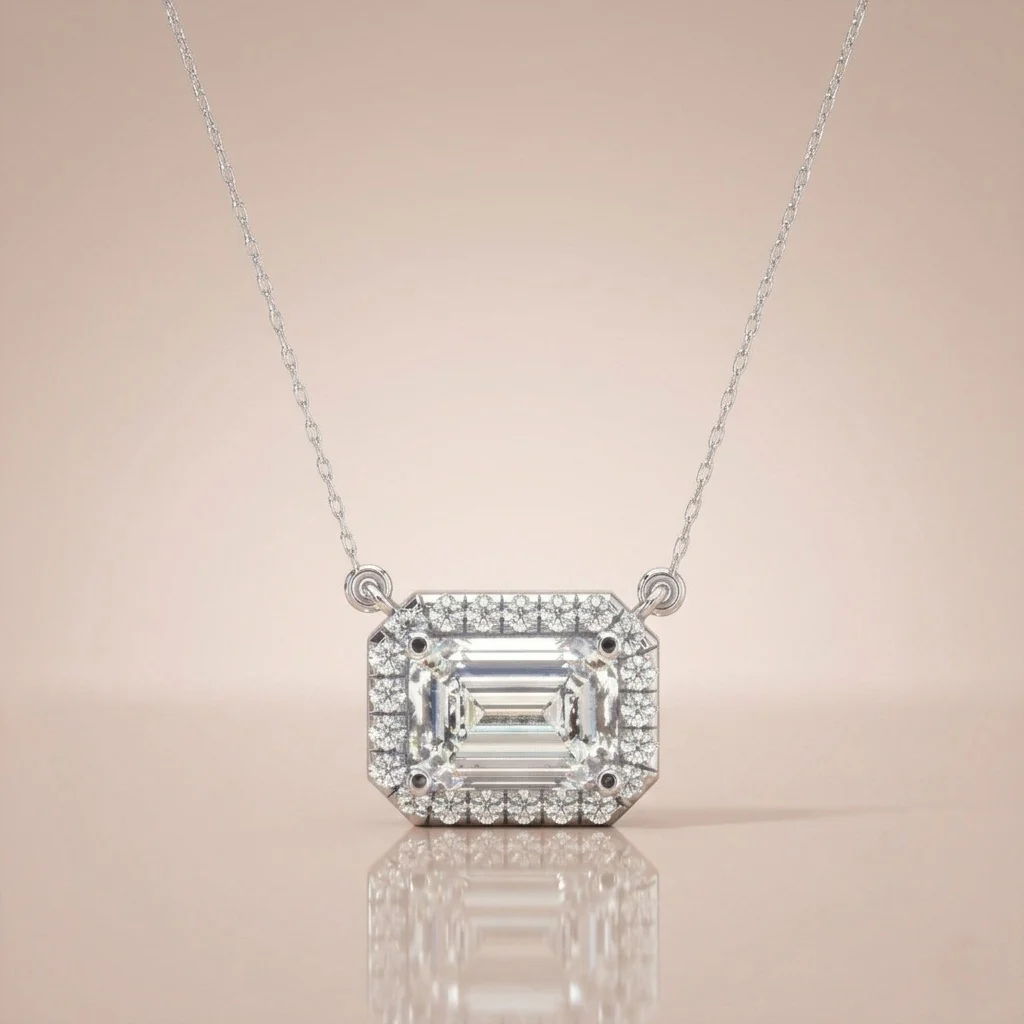 F/VVS 2.25Ct Emerald Diamond Halo Pendant Necklace for Women