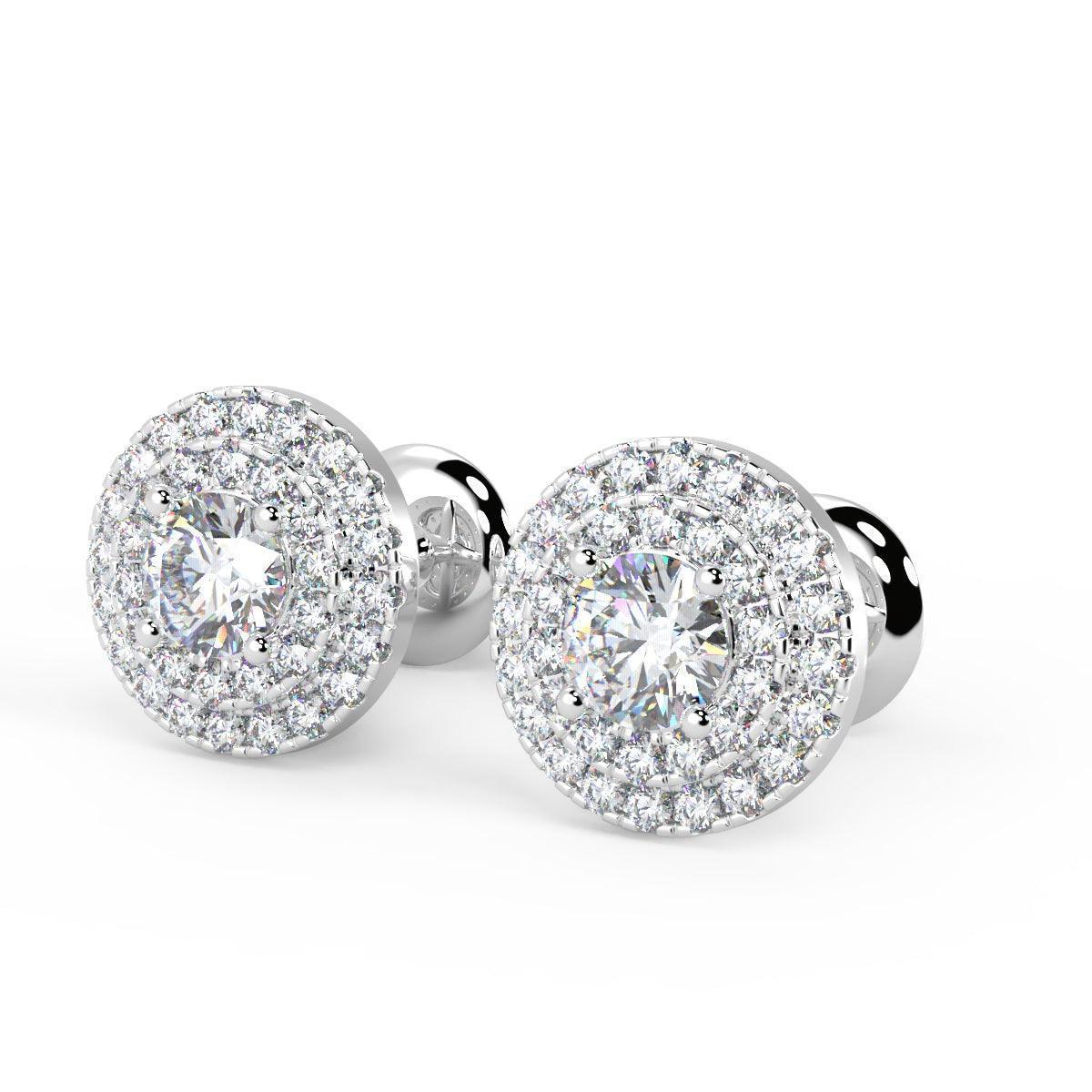 Exceptional White 0.60 Ct Round Diamond Double Halo Set Earrings,18k White Gold - Image 3