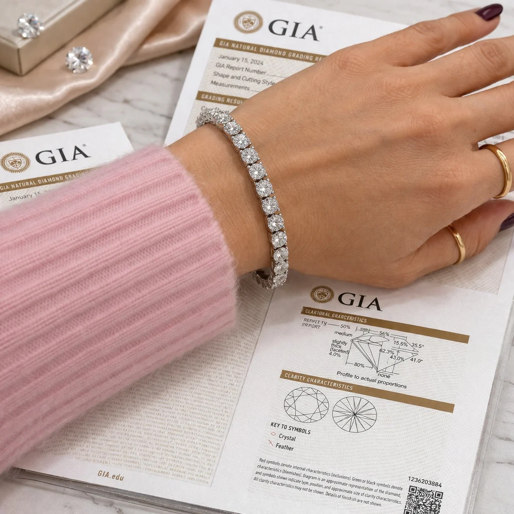 GIA Certified 13.88CT Natural Round Diamond Tennis Bracelet In Platinum - Image 12
