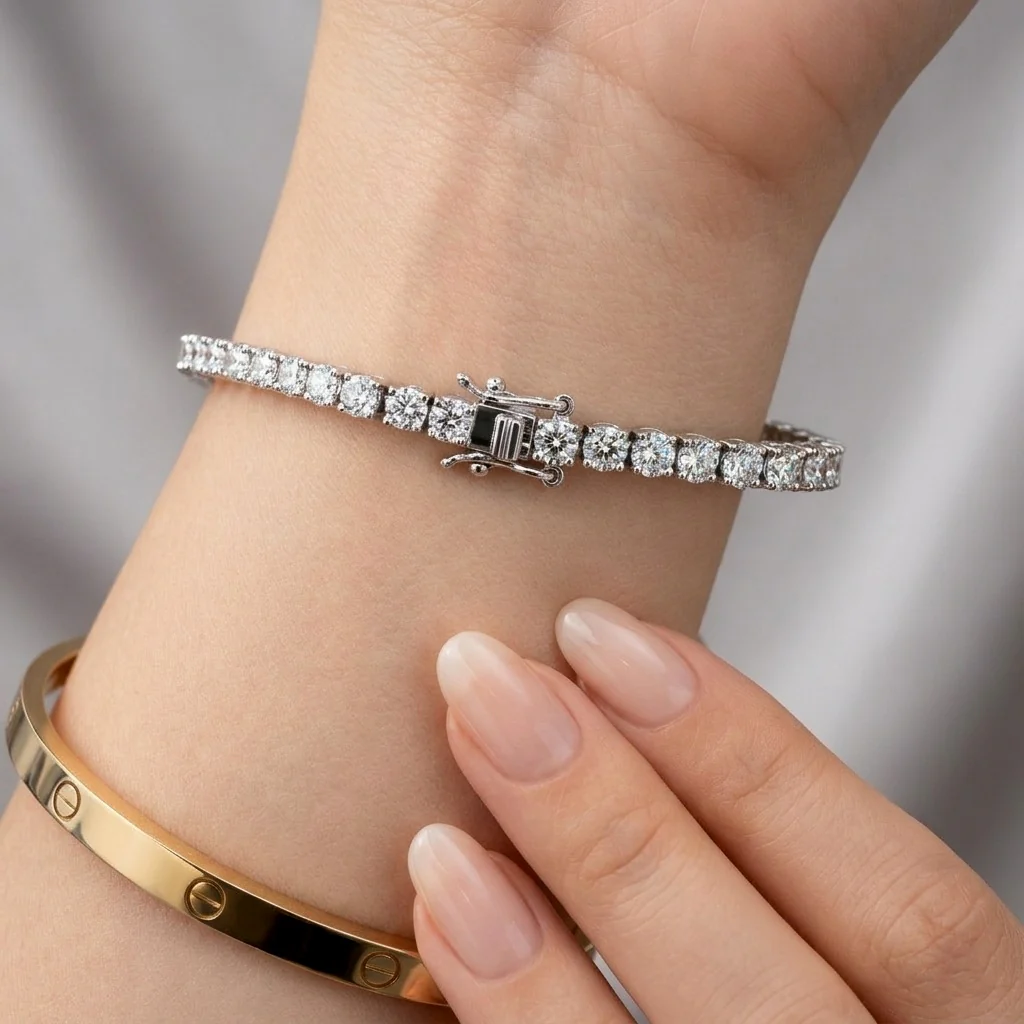 8.50Ct Emerald and Round Lab Diamond Tennis Bracelet In 9k White Gold 7inch - Image 2
