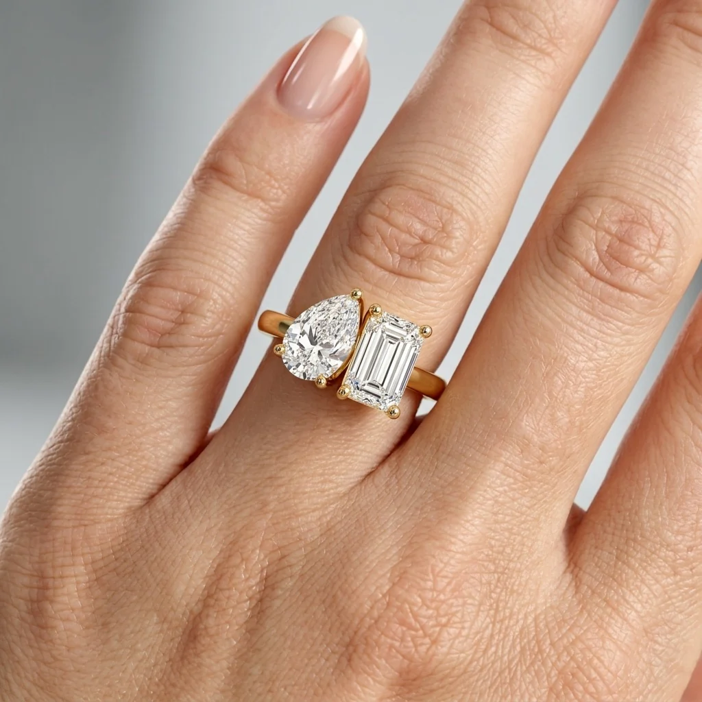 IGI Certified 2.00 Carat F/VS Emerald & Pear Diamond Toi et Moi Engagement Ring – Available in Platinum or 18K Gold