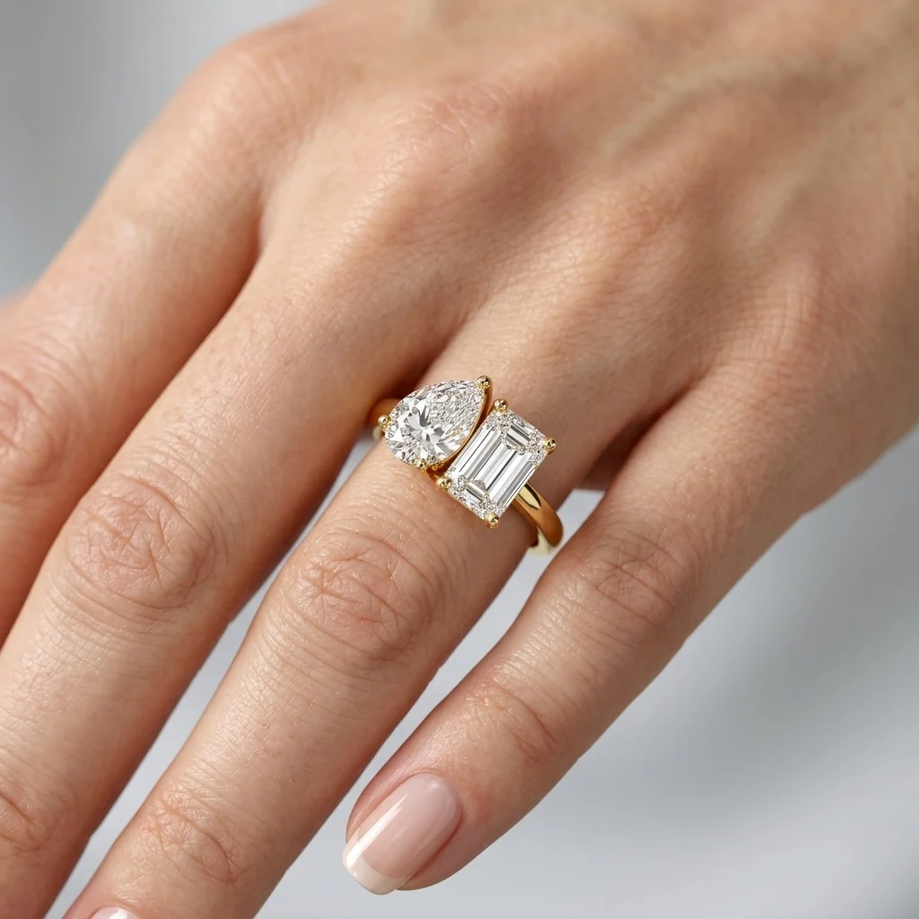 IGI Certified 2.00 Carat F/VS Emerald & Pear Diamond Toi et Moi Engagement Ring – Available in Platinum or 18K Gold - Image 2