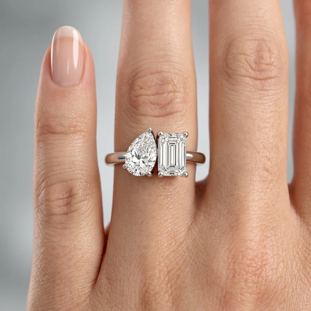 IGI Certified 2.00 Carat F/VS Emerald & Pear Diamond Toi et Moi Engagement Ring – Available in Platinum or 18K Gold - Image 3