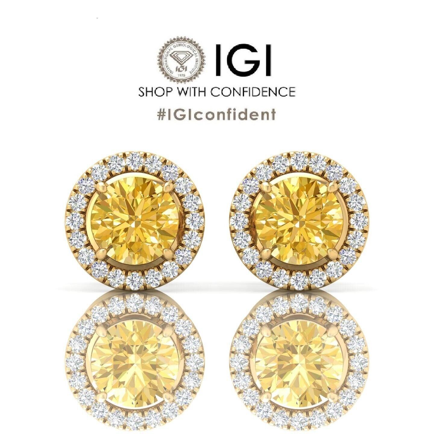 IGI Certified 2.60 Ct Fancy Vivid Yellow Round Diamond Halo Earring In 18k Yellow Gold