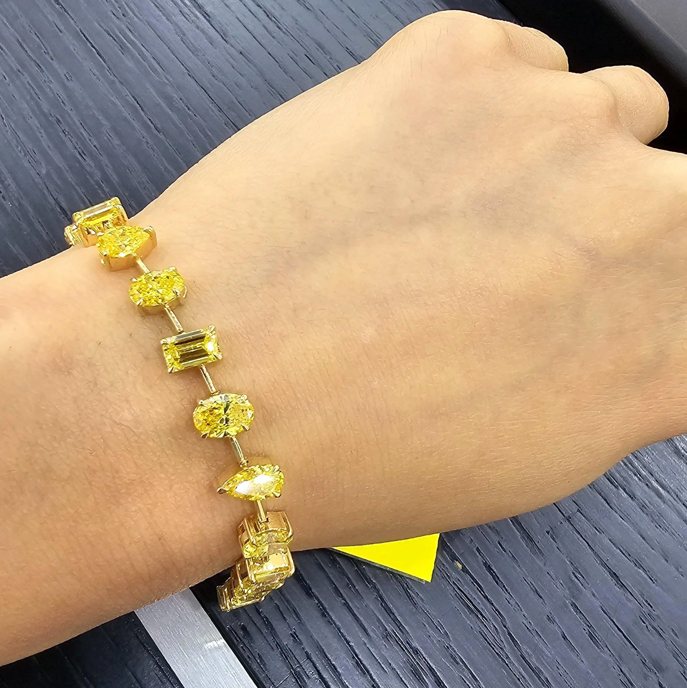 12.04Ct, Multi Shape Fancy Vivid Yellow Diamond Tennis Bracelet In 18K Yellow Gold - 15Grams - Image 4