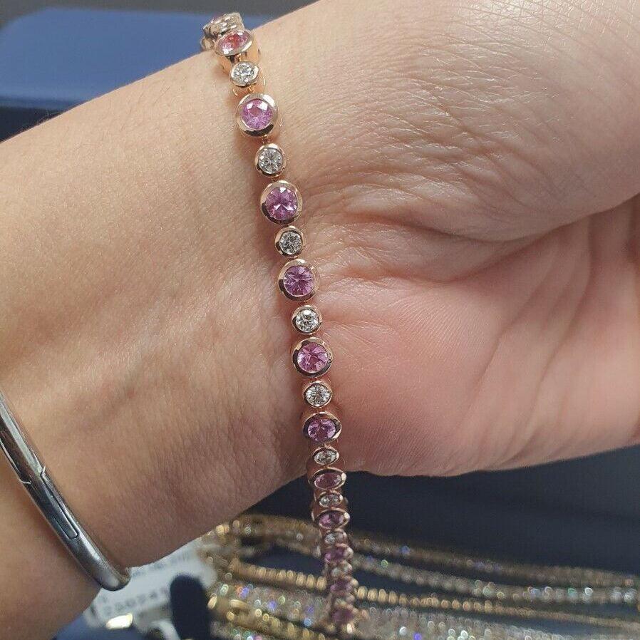 Natural Pink Sapphire & Diamond Women's Tennis Bracelet, Hallmarked 18k Rose Gold - 6.00 Carat - Image 2