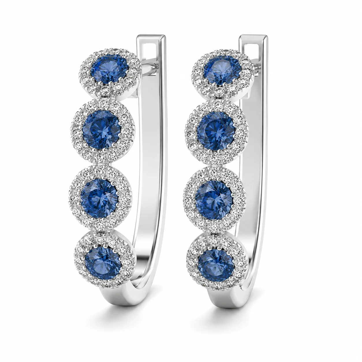 100% Natural Sapphire & Diamond Halo Hoop Earrings in White Gold - Image 3