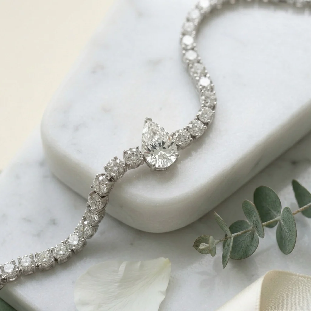 11.86Ct Pear and Round Lab Diamond Tennis Bracelet In 9k White Gold 7inch - Image 8